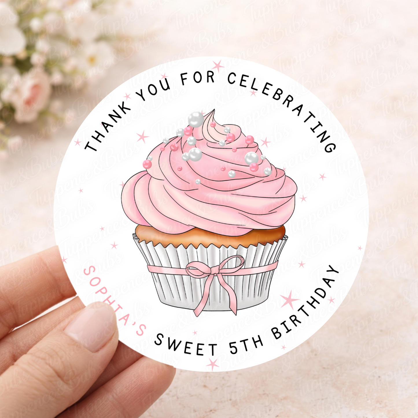 Personalised Pink Cupcake Stickers – Birthday Party Labels & Favours