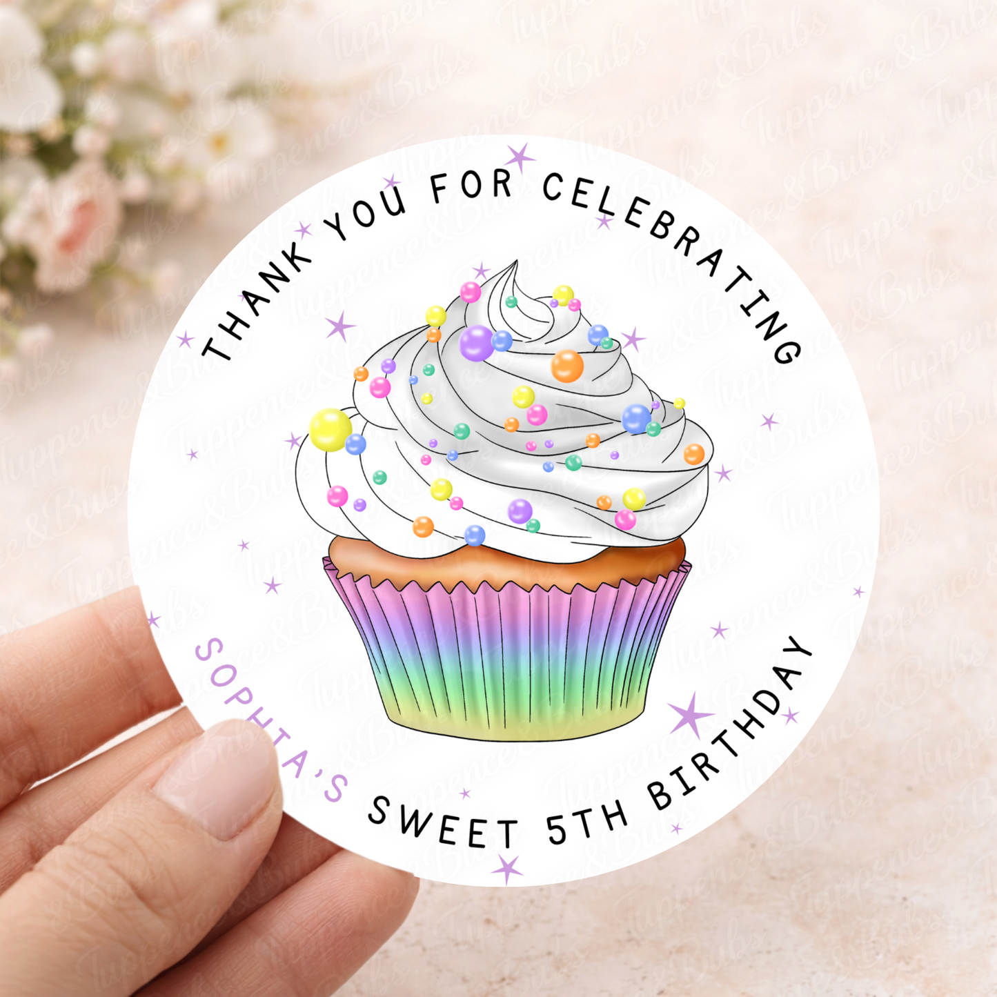 Personalised Rainbow Cupcake Stickers – Birthday Party Labels & Favours