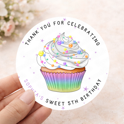 Personalised Rainbow Cupcake Stickers – Birthday Party Labels & Favours