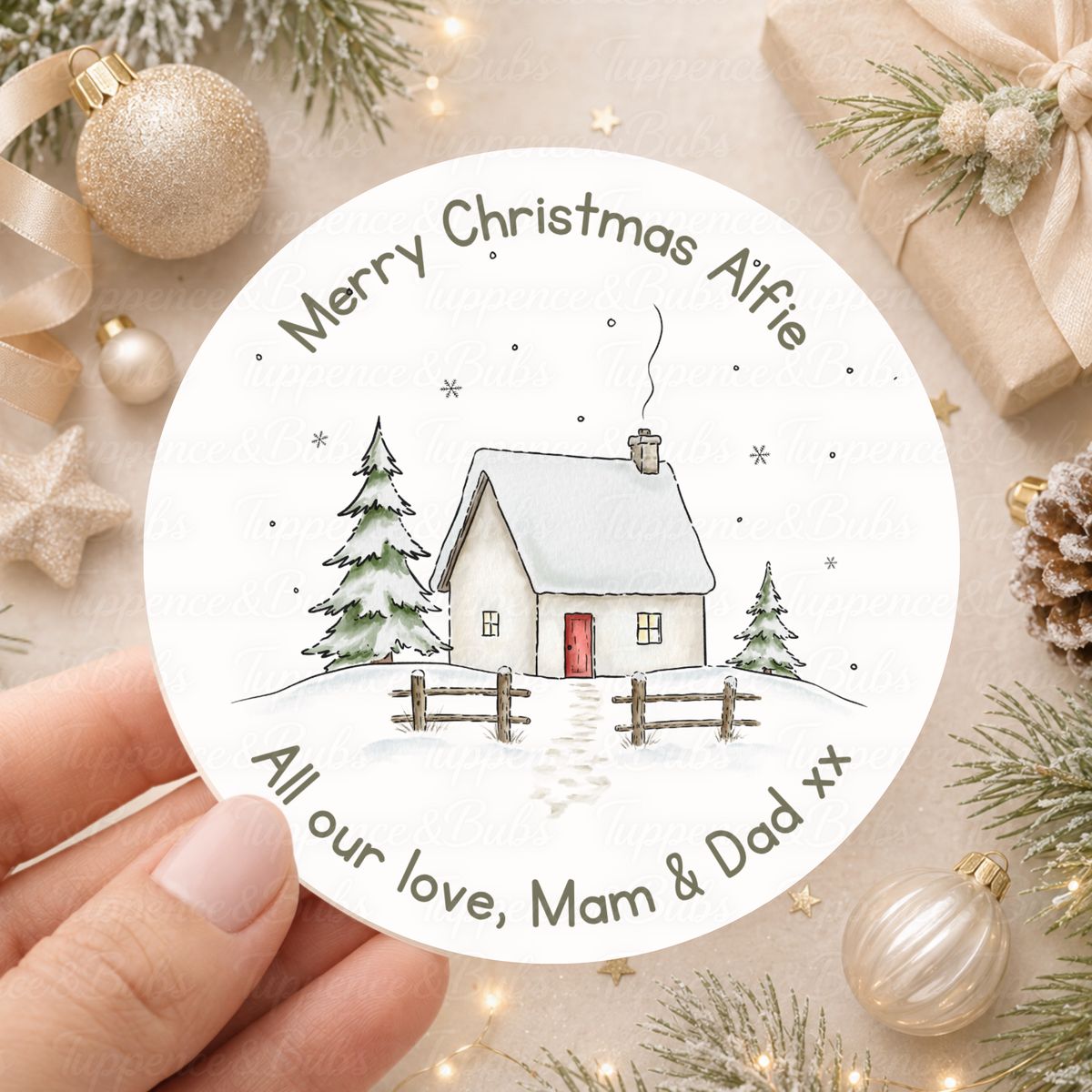 Personalised Snowy Cottage Christmas Stickers