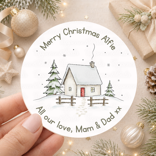 Personalised Snowy Cottage Christmas Stickers