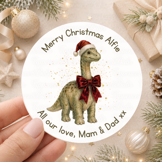 Personalised Christmas Dinosaur Stickers with Burgundy Bow