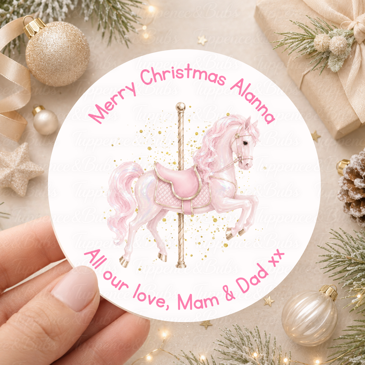 Personalised Pink Carousel Horse Christmas Stickers