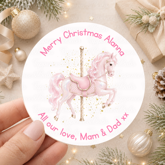 Personalised Pink Carousel Horse Christmas Stickers