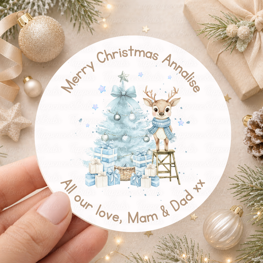 Personalised Blue or Pink Reindeer & Christmas Tree Stickers