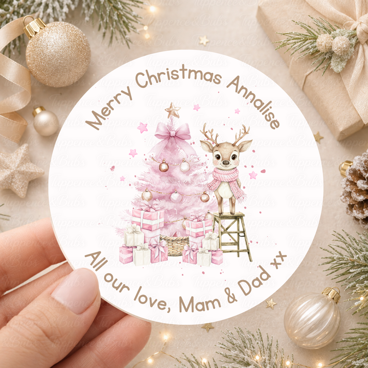 Personalised Blue or Pink Reindeer & Christmas Tree Stickers