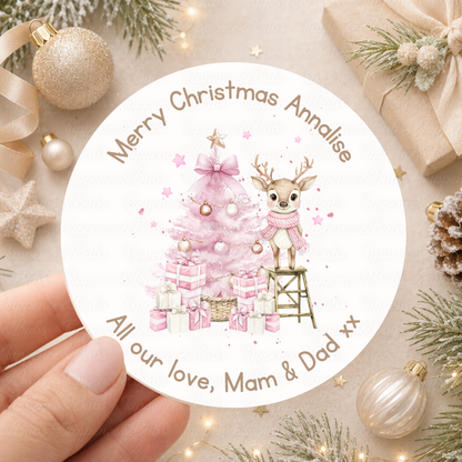 Personalised Blue or Pink Reindeer & Christmas Tree Stickers