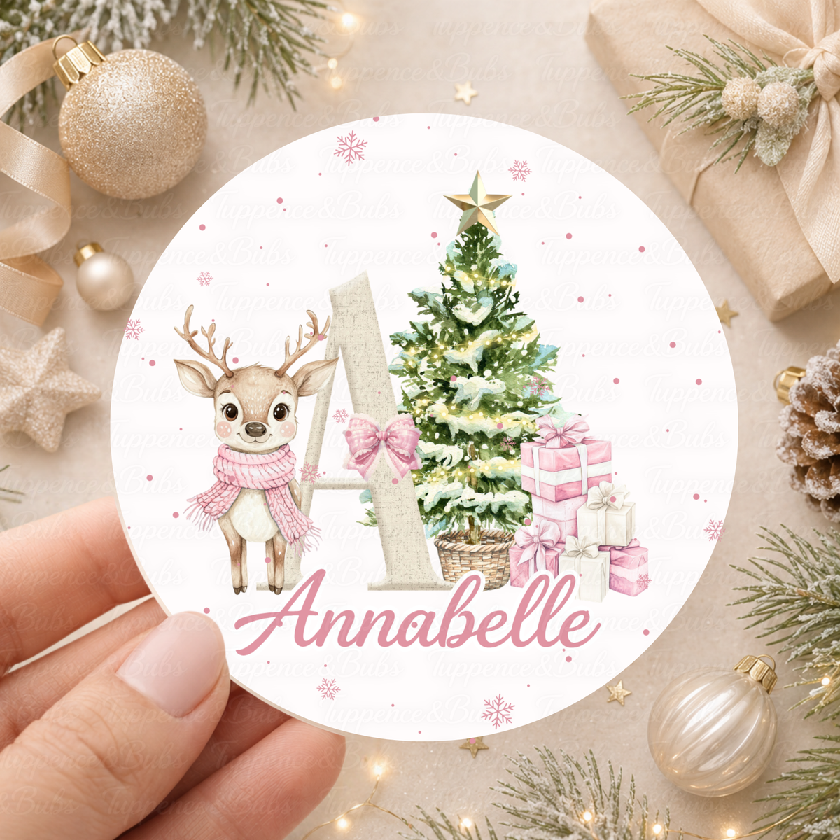 Personalised Reindeer Christmas Initial Stickers – Pink, Blue or Red