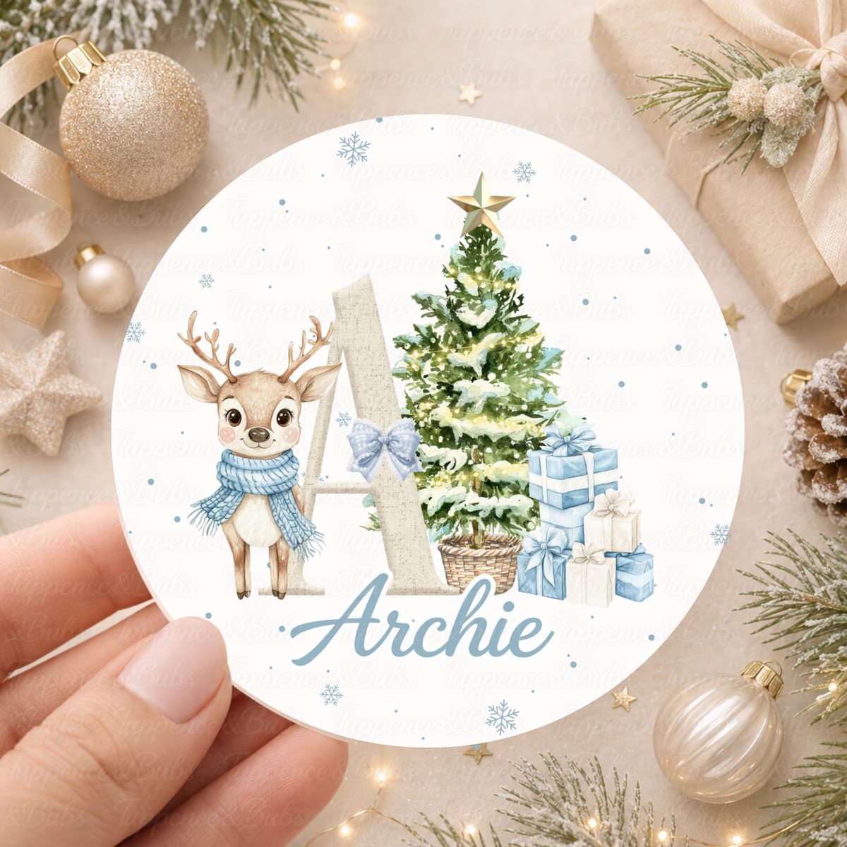 Personalised Reindeer Christmas Initial Stickers – Pink, Blue or Red
