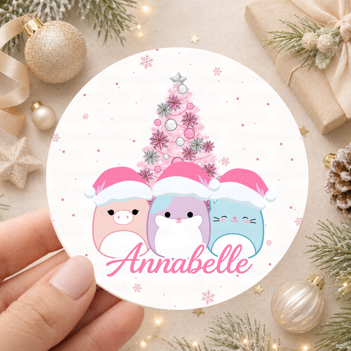 Personalised Pastel Squish & Pink Christmas Tree Stickers