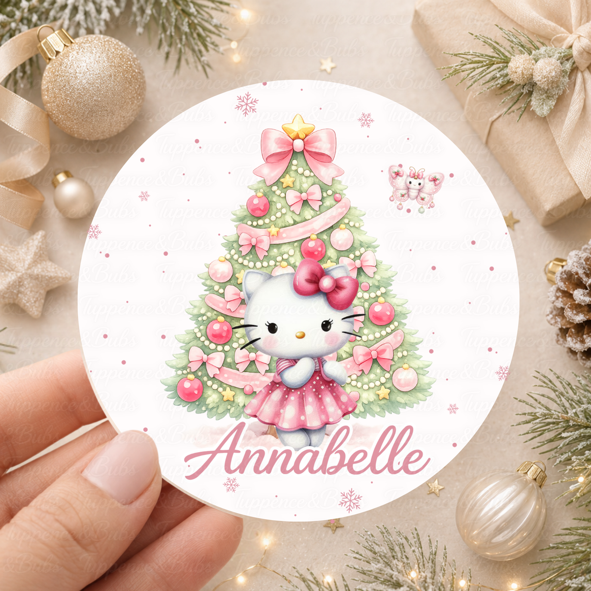 Personalised Hello Kitty & Pink Bow Christmas Tree Stickers