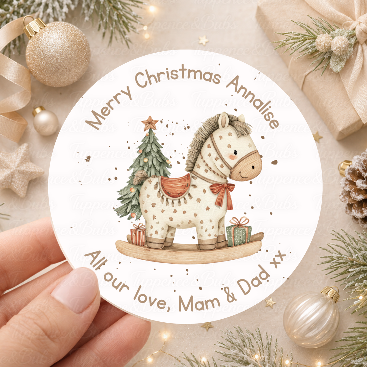 Personalised Neutral Rocking Horse Christmas Stickers