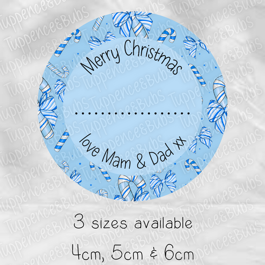 Blue Bow Candy Cane Striped Gift Tags - Circle