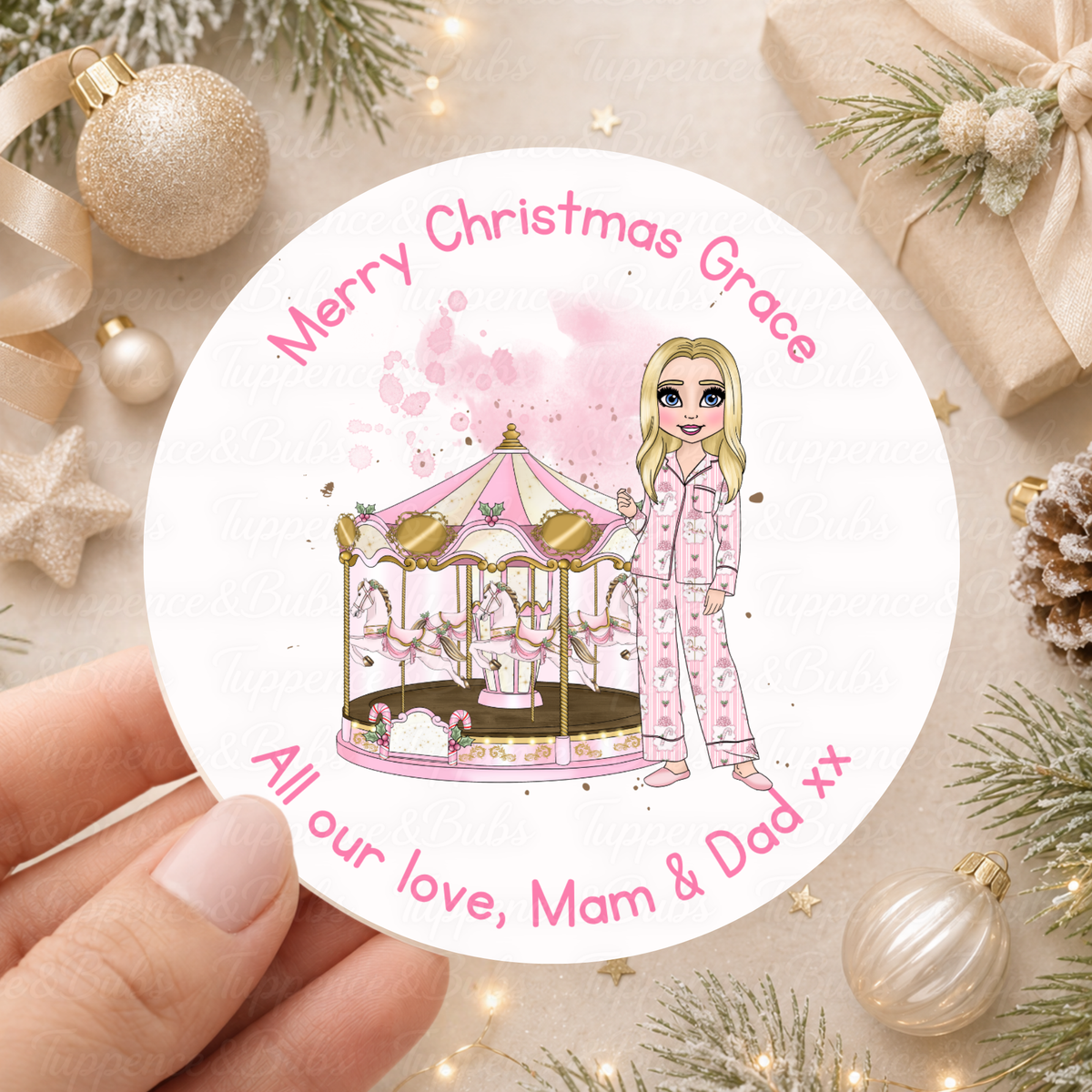 Personalised Pink Christmas Carousel & Pyjama Girl Stickers