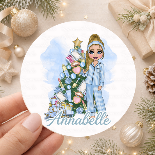 Personalised Christmas Girl & Makeup Tree Stickers – Blue