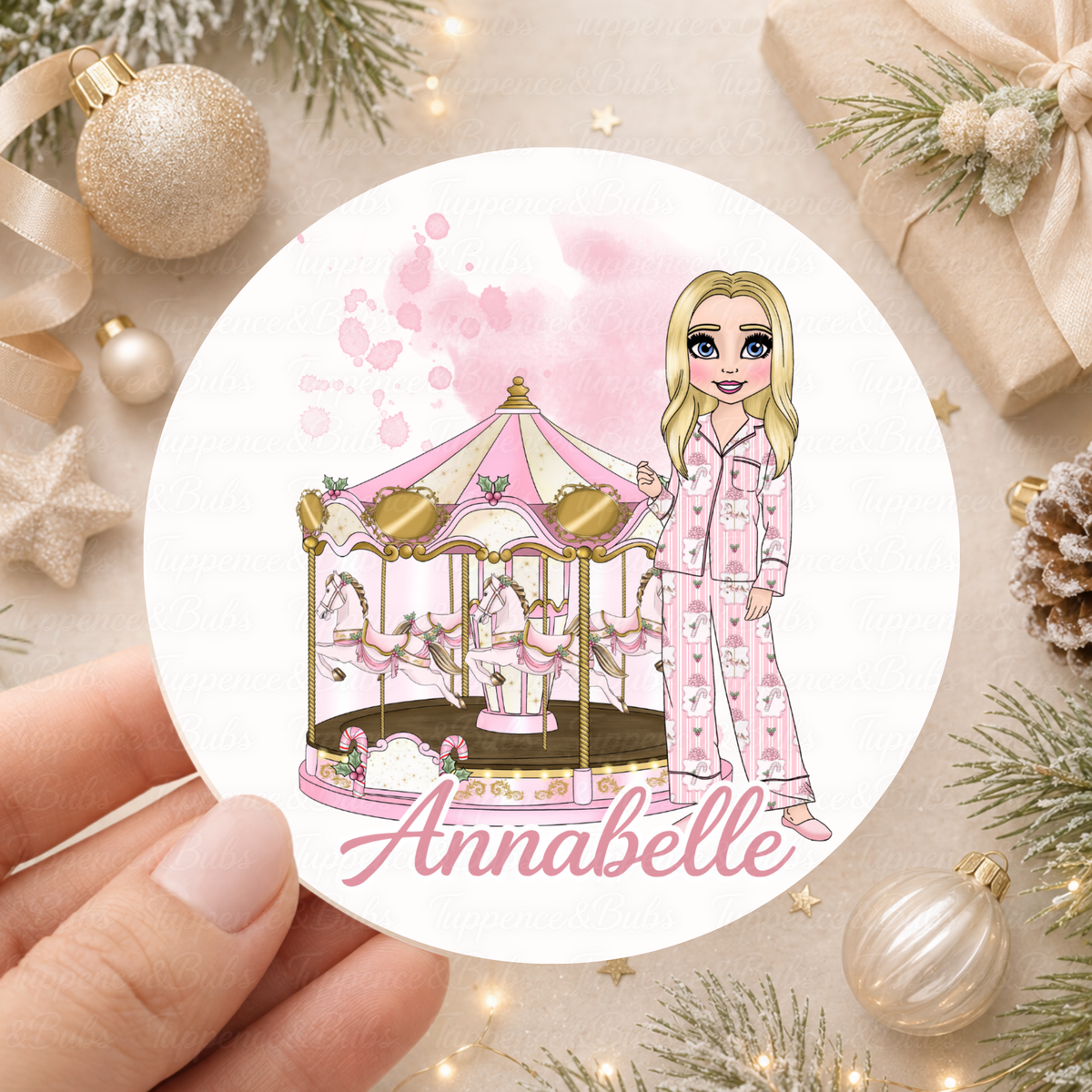 Personalised Christmas Girl & Pink Carousel Stickers