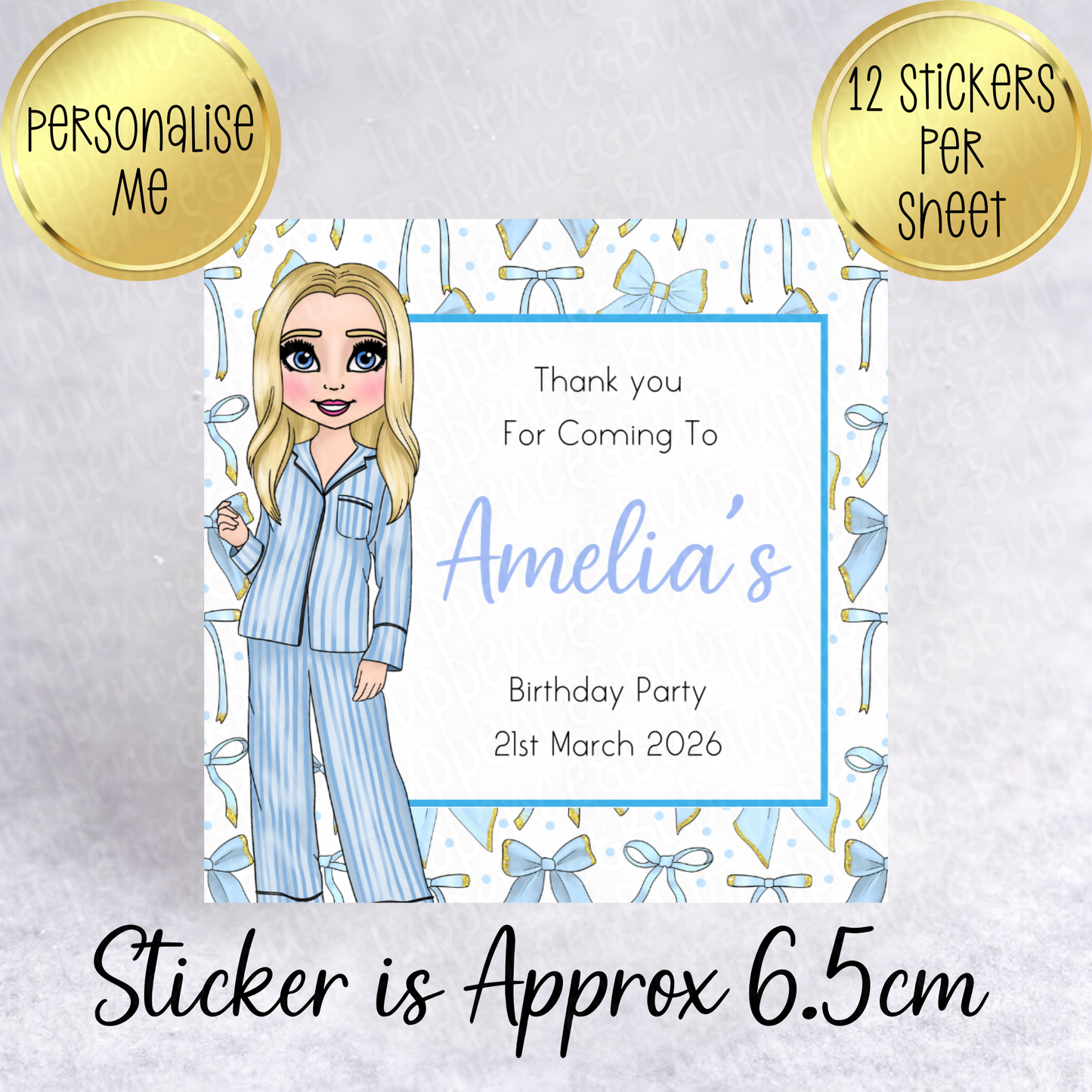 Blue PJ's Bow Themed, Square Stickers