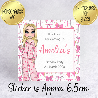 Pink Bow Themed PJ's, Square Stickers,