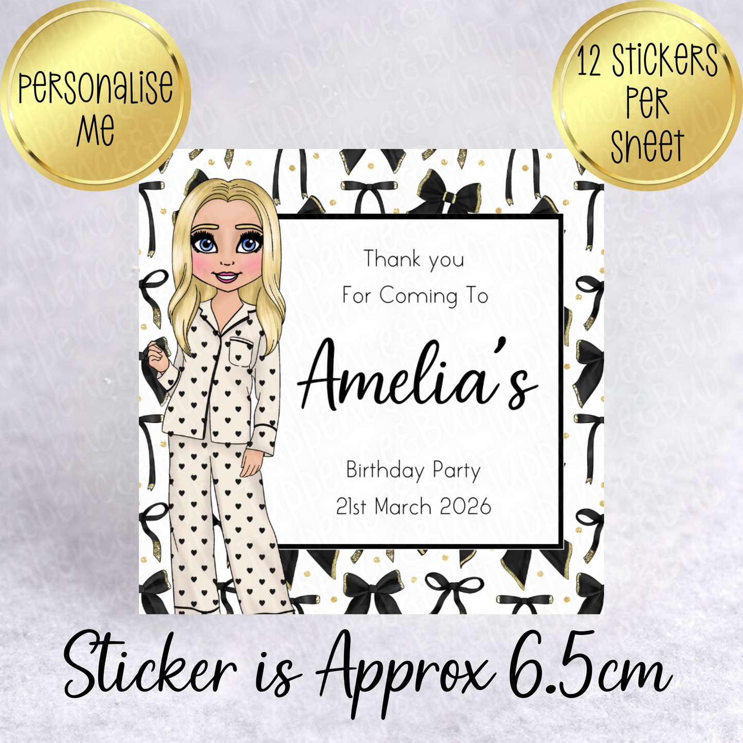 Cream & Black Bow PJ's Themed, Square Stickers