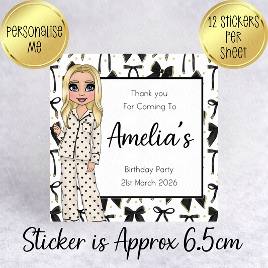 Cream & Black Bow PJ's Themed, Square Stickers