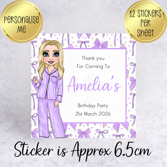 Purple Bow PJ Themed Square Stickers