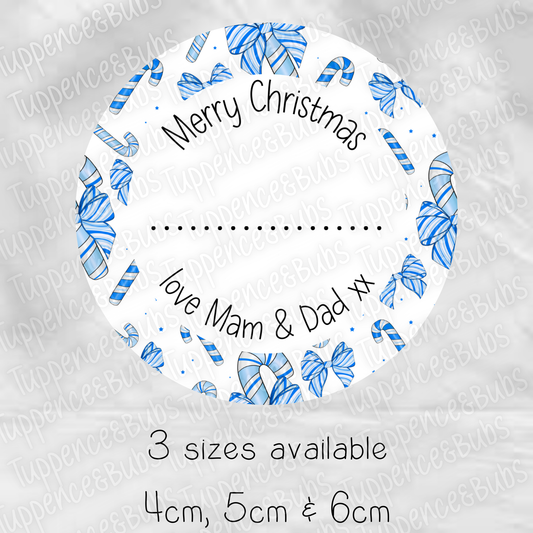 Blue Bow Candy Cane Striped Gift Tags - Circle