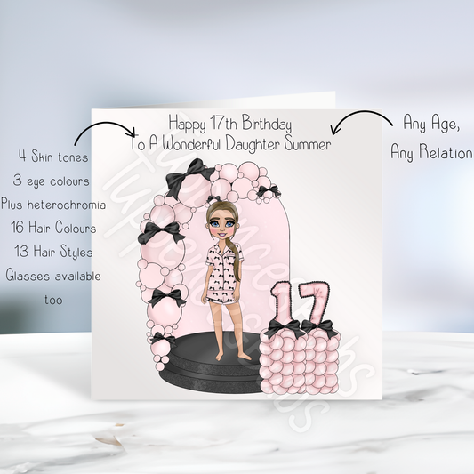 Teen Pink & Black Bow Themed Birthday Card