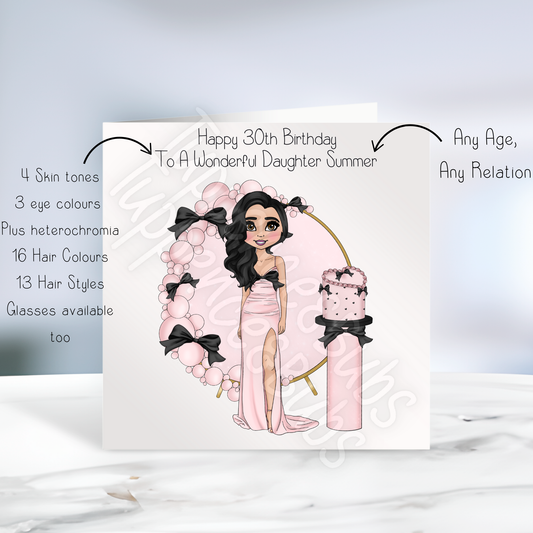 Glam Pink & Black Bow Themed Birthday Card