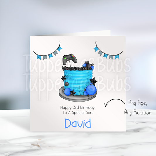 Blue Cake Gamer Themed Birthday Card