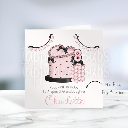 Pink & Black bow Themed Birthday Card