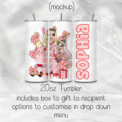 Candy Cane Stripe Red Bow PJ Themed Christmas Tumbler
