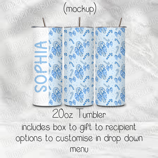 Blue Bow Candy Cane Themed 20z Tumbler - 2 Designs