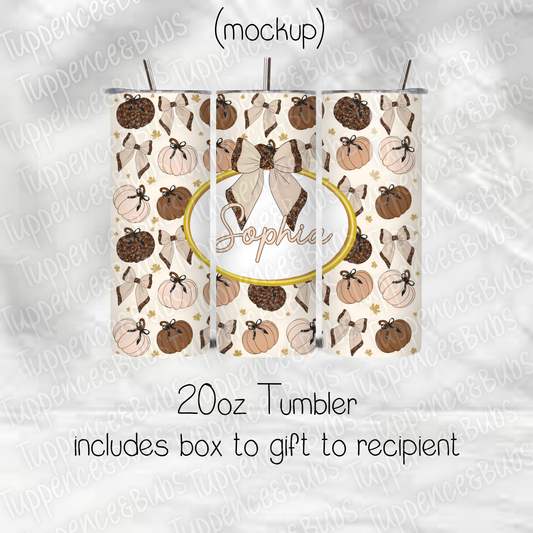 Beige, Brown Bows & Pumpkins Tumbler