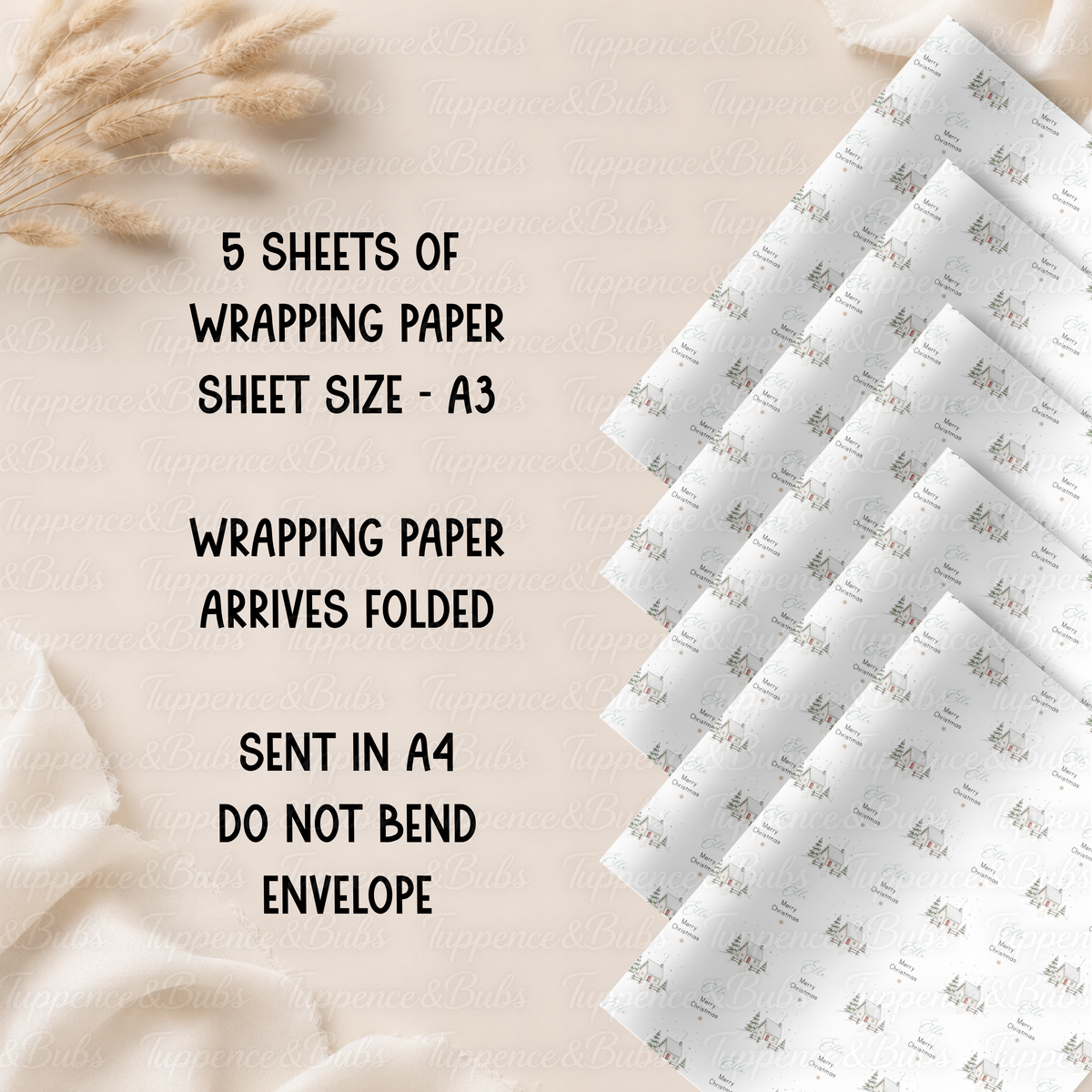 Snowy Winter Cottage Personalised Christmas Wrapping Paper – 5 A3 Sheets