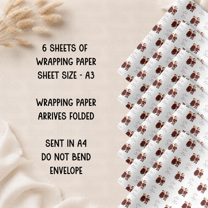 Traditional Christmas Teddy Bear Couple Personalised Wrapping Paper – 5 A3 Sheets