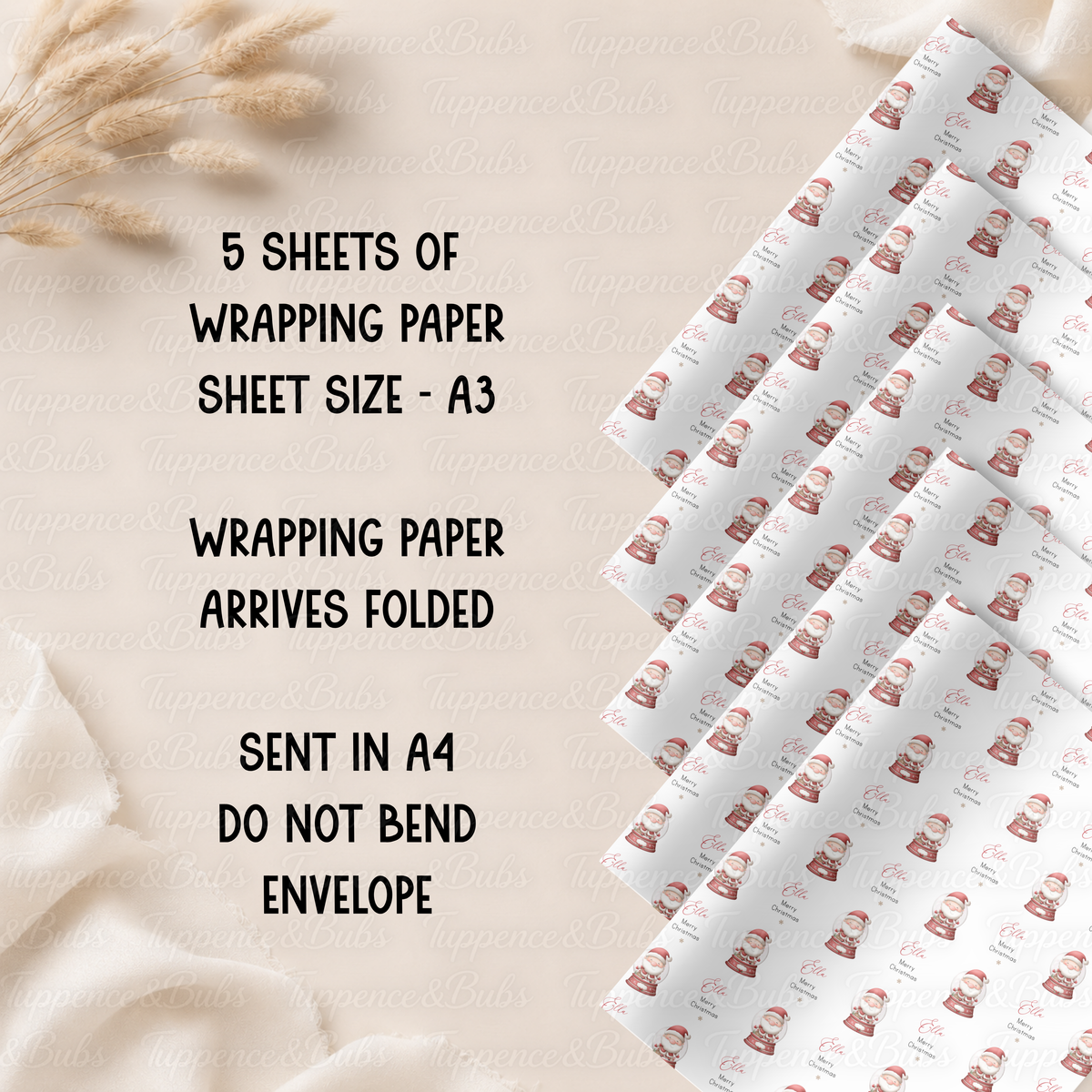 Santa Snow Globe Personalised Christmas Wrapping Paper – 5 A3 Sheets