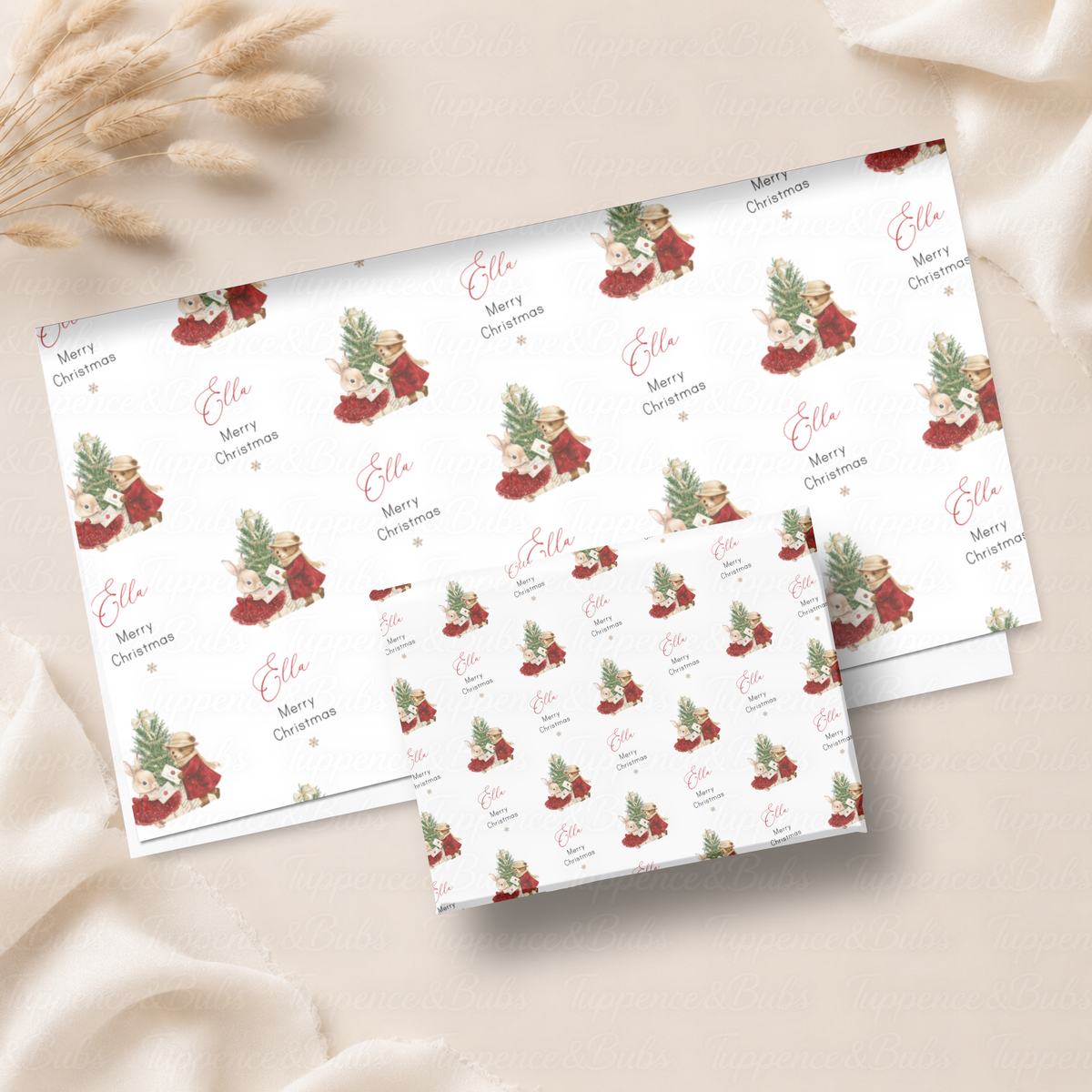 Woodland Christmas Rabbits & Tree Personalised Wrapping Paper – 5 A3 Sheets