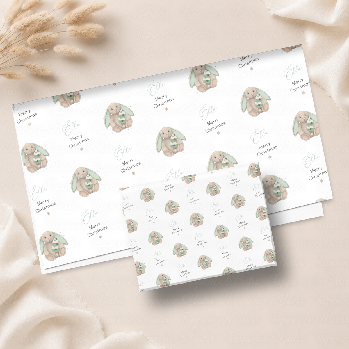Sage Green Christmas Bunny Personalised Wrapping Paper – 5 A3 Sheets