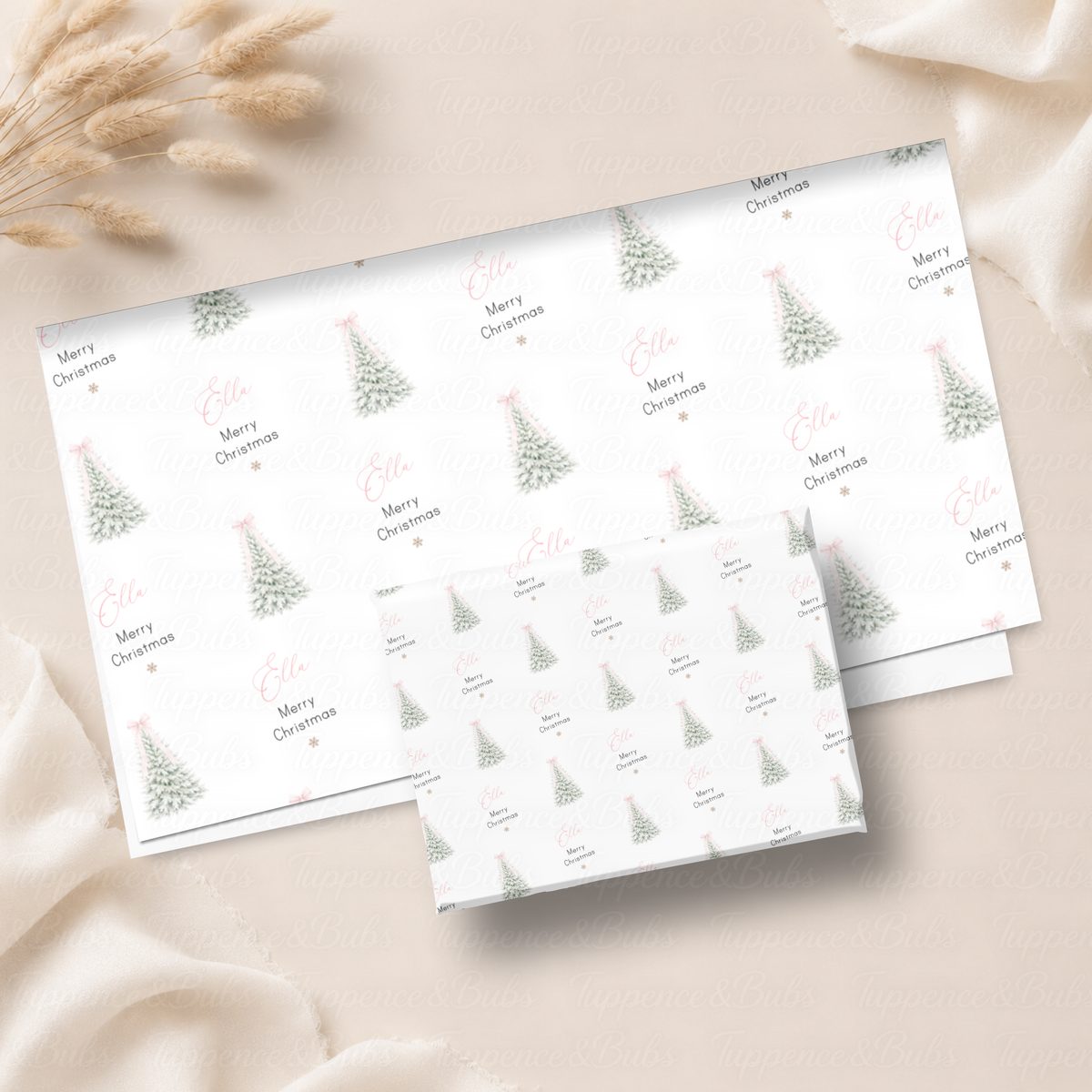Snowy Christmas Trees with Pink Bows Personalised Wrapping Paper – 5 A3 Sheets