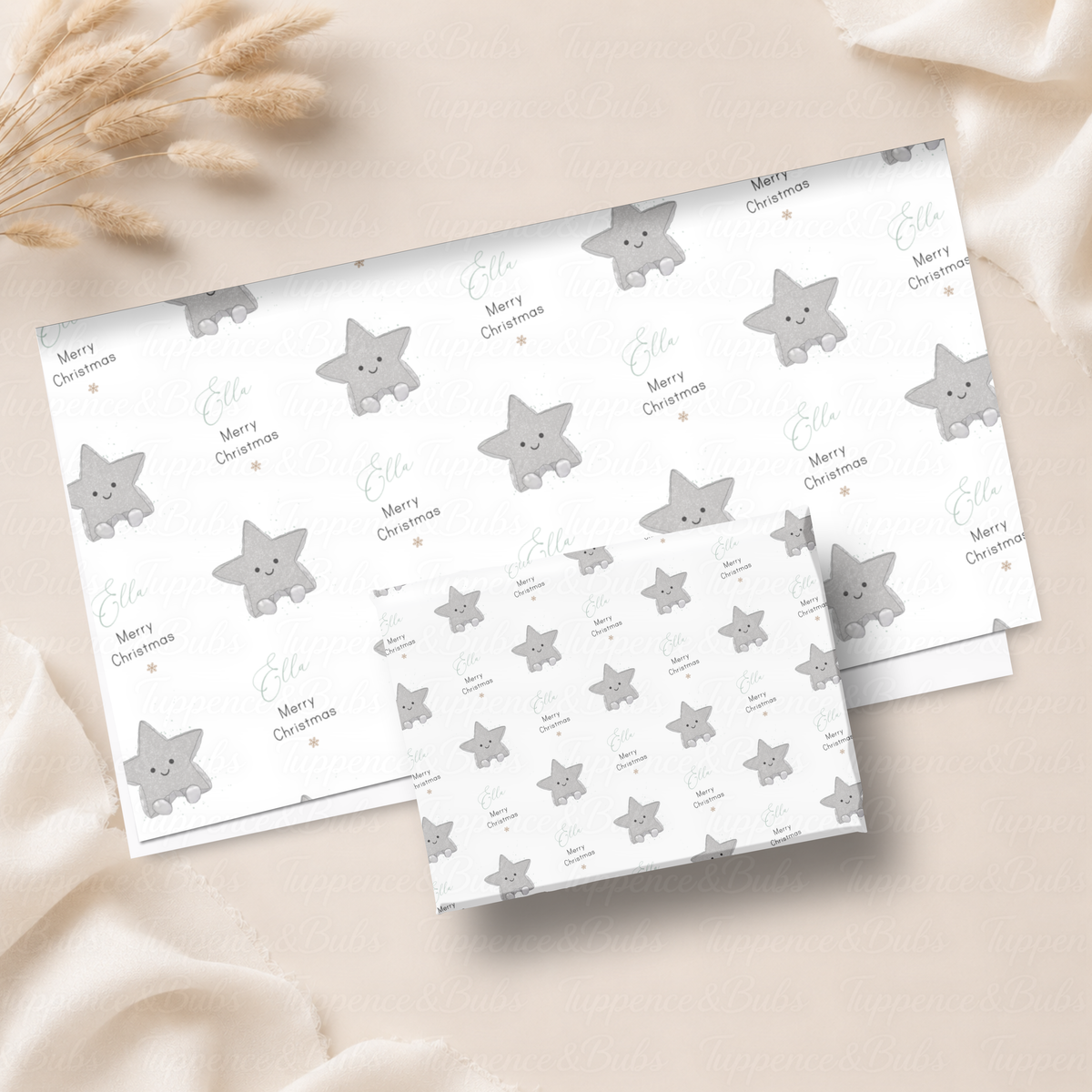 Cute Silver Star Personalised Christmas Wrapping Paper – 5 A3 Sheets