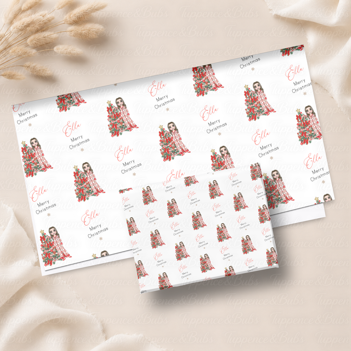 Festive Girl & Christmas Tree Personalised Wrapping Paper – 5 A3 Sheets
