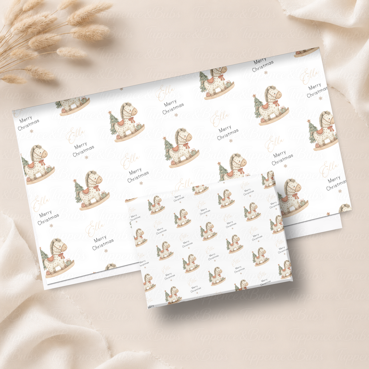 Cream Rocking Horse Personalised Christmas Wrapping Paper – 5 A3 Sheets