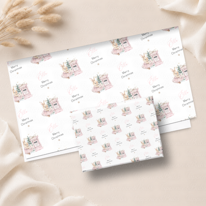 Pink Christmas Bunny & North Pole Postbox Personalised Wrapping Paper – 5 A3 Sheets