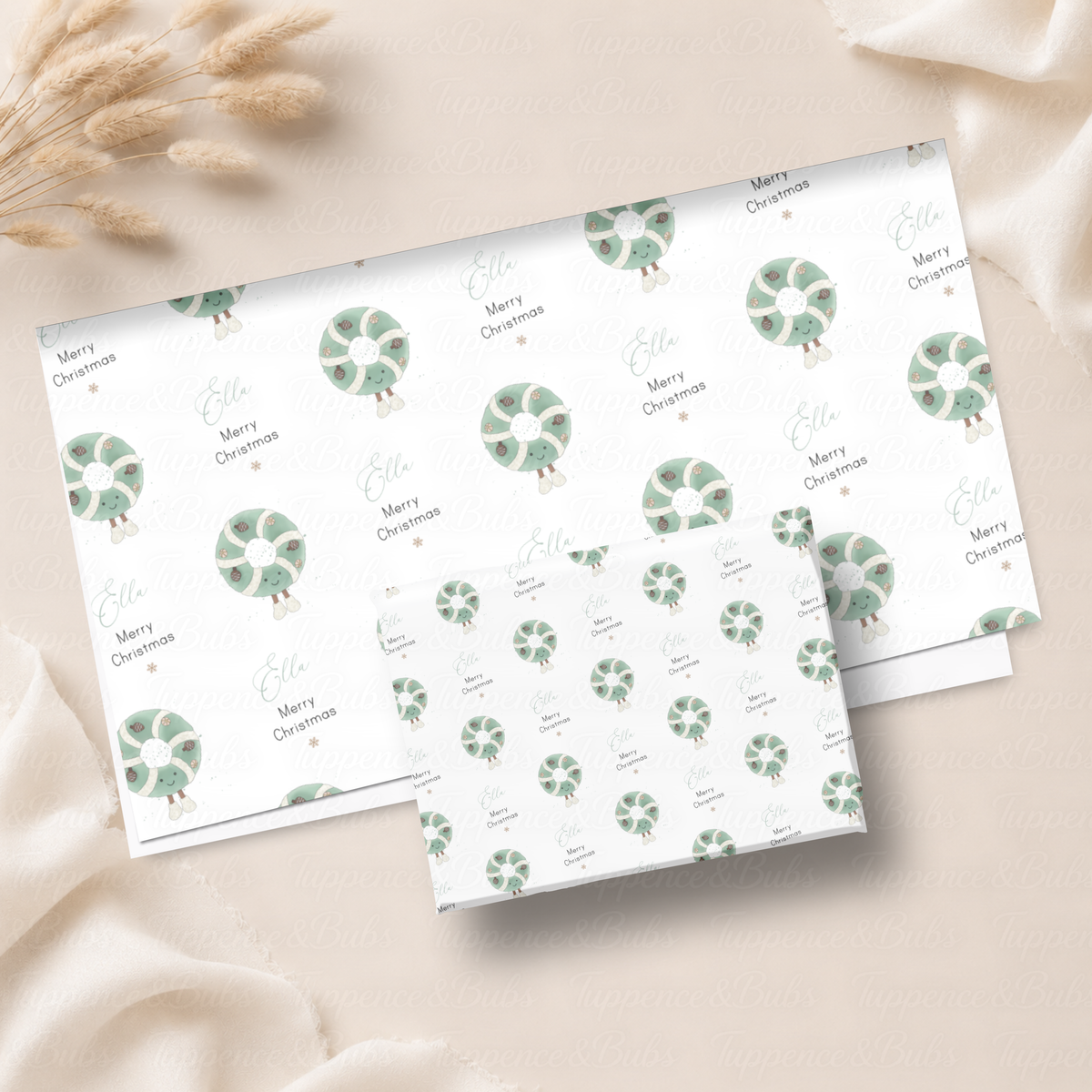 Sage Green Peppermint Sweet Personalised Christmas Wrapping Paper – 5 A3 Sheets