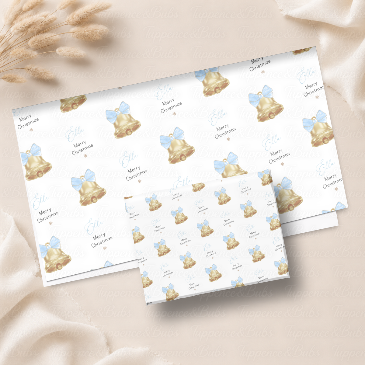 Gold Christmas Bells with Baby Blue Bows Personalised Wrapping Paper – 5 A3 Sheets