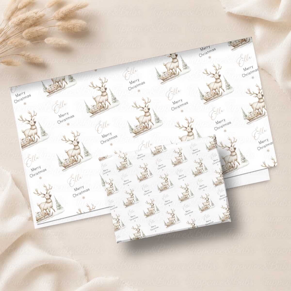 Neutral Beige Reindeer Personalised Christmas Wrapping Paper – 5 A3 Sheets