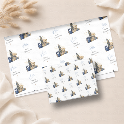 Navy Blue Christmas Teddy Bear Personalised Wrapping Paper – 5 A3 Sheets