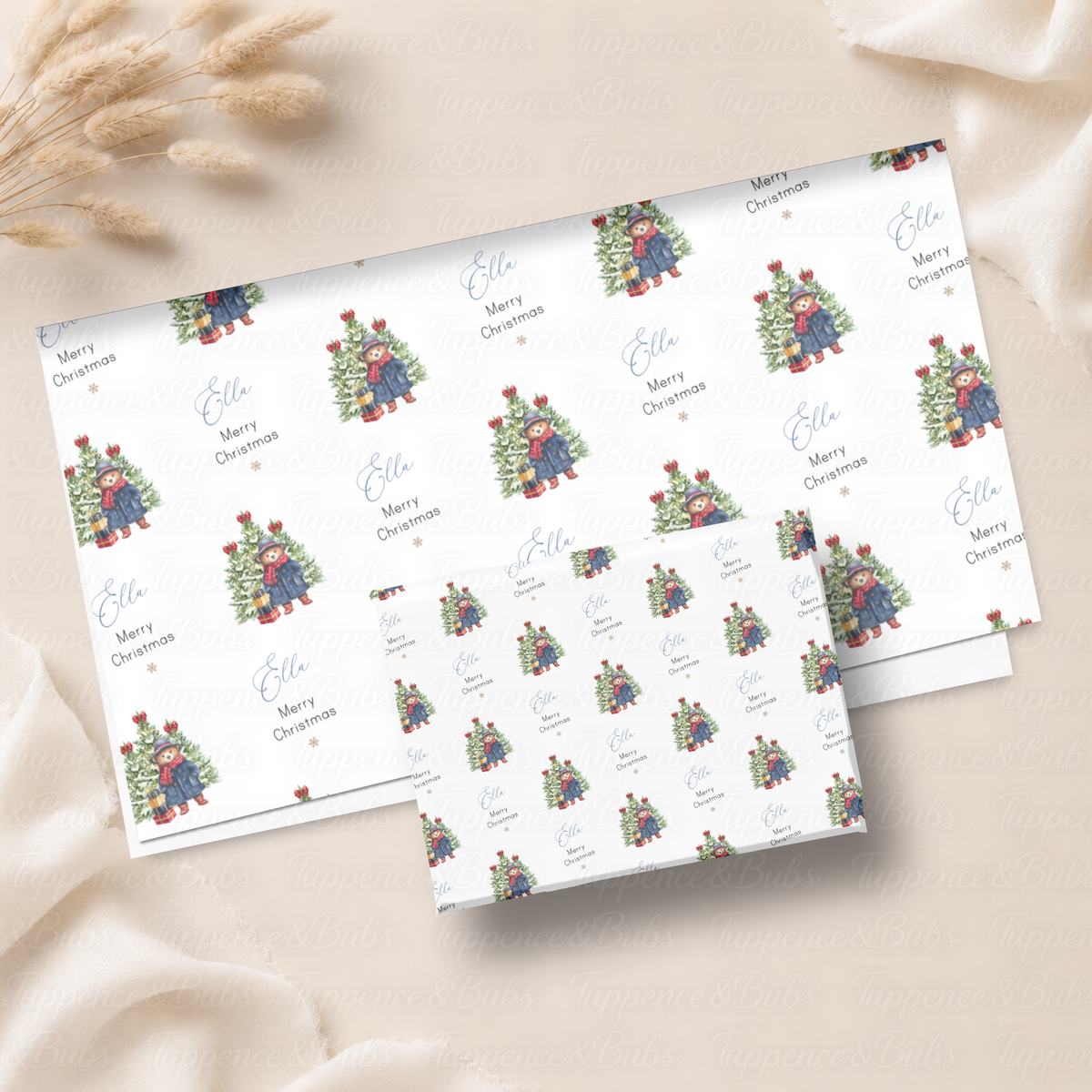Winter Bear in Navy Coat Personalised Christmas Wrapping Paper – 5 A3 Sheets
