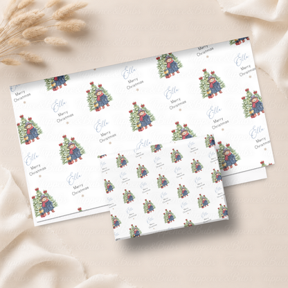 Winter Bear in Navy Coat Personalised Christmas Wrapping Paper – 5 A3 Sheets