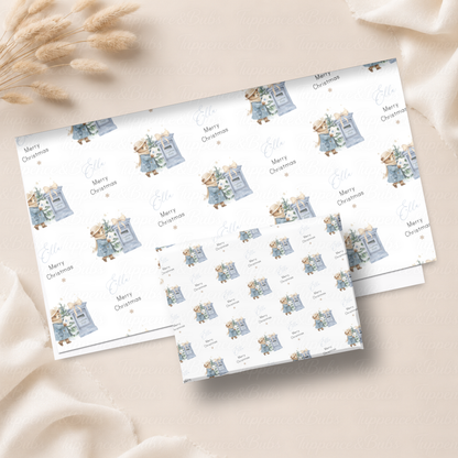 Blue Winter Bunny & North Pole Postbox Personalised Christmas Wrapping Paper – 5 A3 Sheets